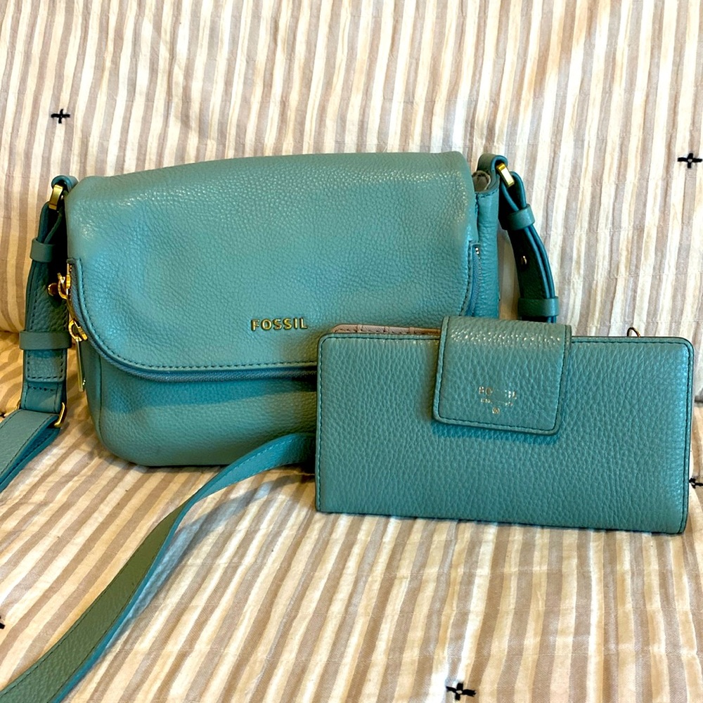 FOSSIL Preston small crossbody and matching wallet, seaglass leather
